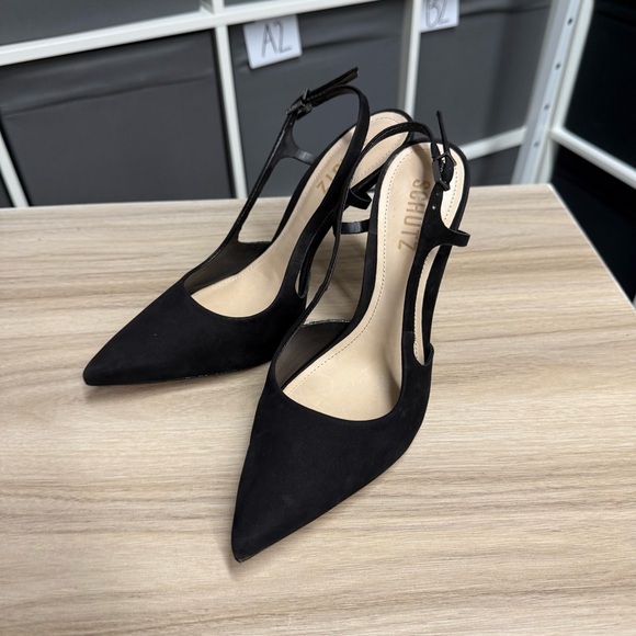 SCHUTZ Black Pointed Slingback Suede Heels - Picture 1 of 10